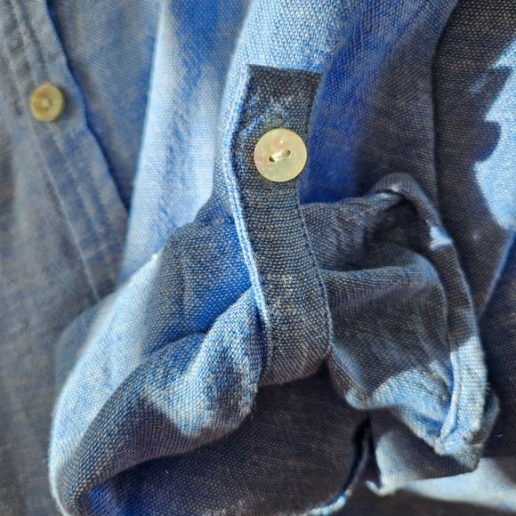 Orvis Woman Size M Linen Blend Button Up Blouse Roll Tab Sleeve Beachy Colorful - Picture 5 of 9